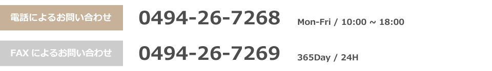 お問い合わせ先番号、電話0494-26-7268、ファックス0494-26-7269